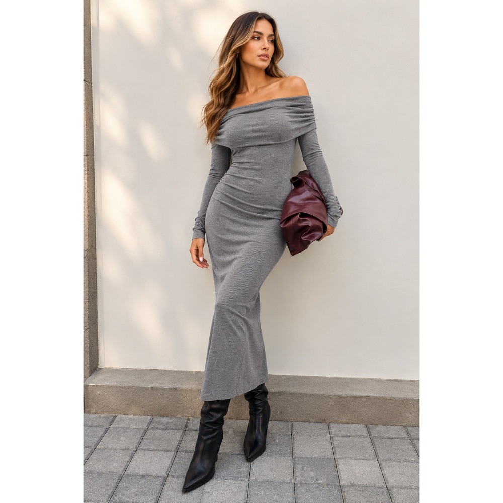 COMMENSE Gray Off Shoulder Draped Long Sleeve Maxi Dress Size S